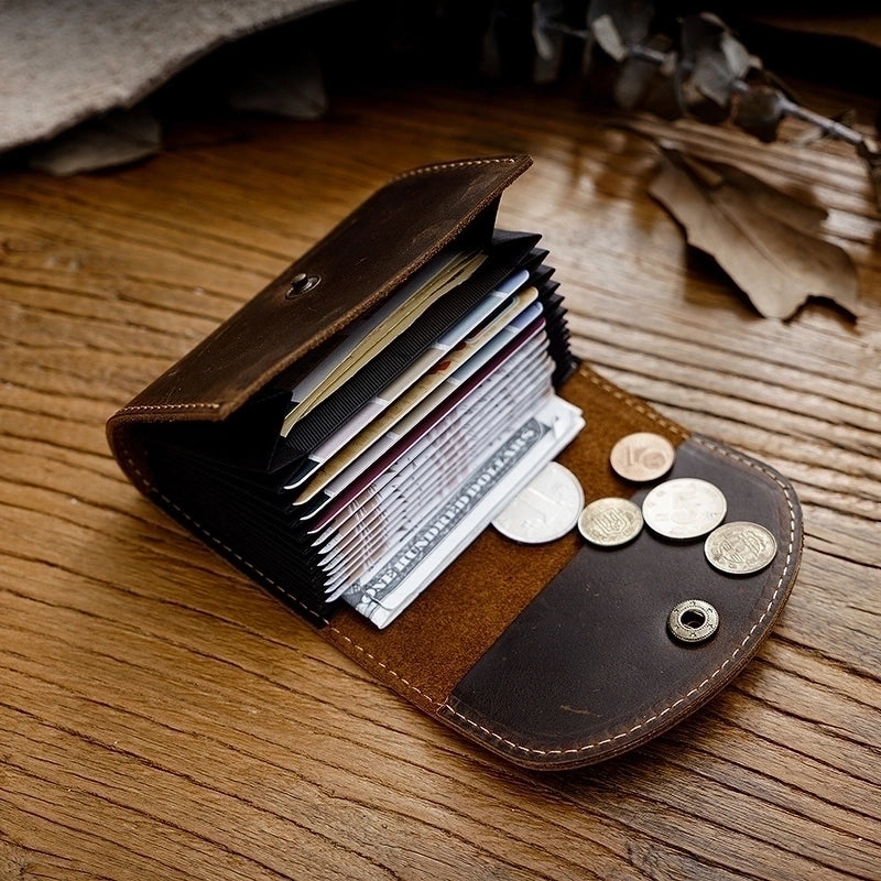 Retro First Layer Crazy Horse Leather Buckle Wallet Men's Leather Large Capacity 12 Card Holder Expanding Card Holder Storage Bag