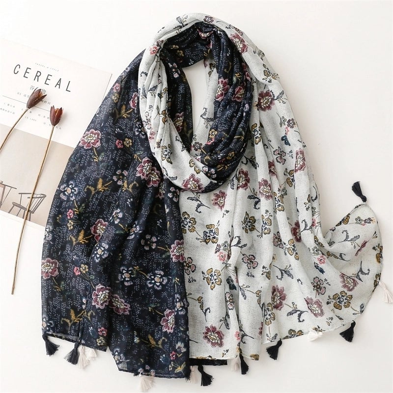 Yarn Cotton Fruit Green Bright Yellow Leaf Printing Tassel Scarf Shawl