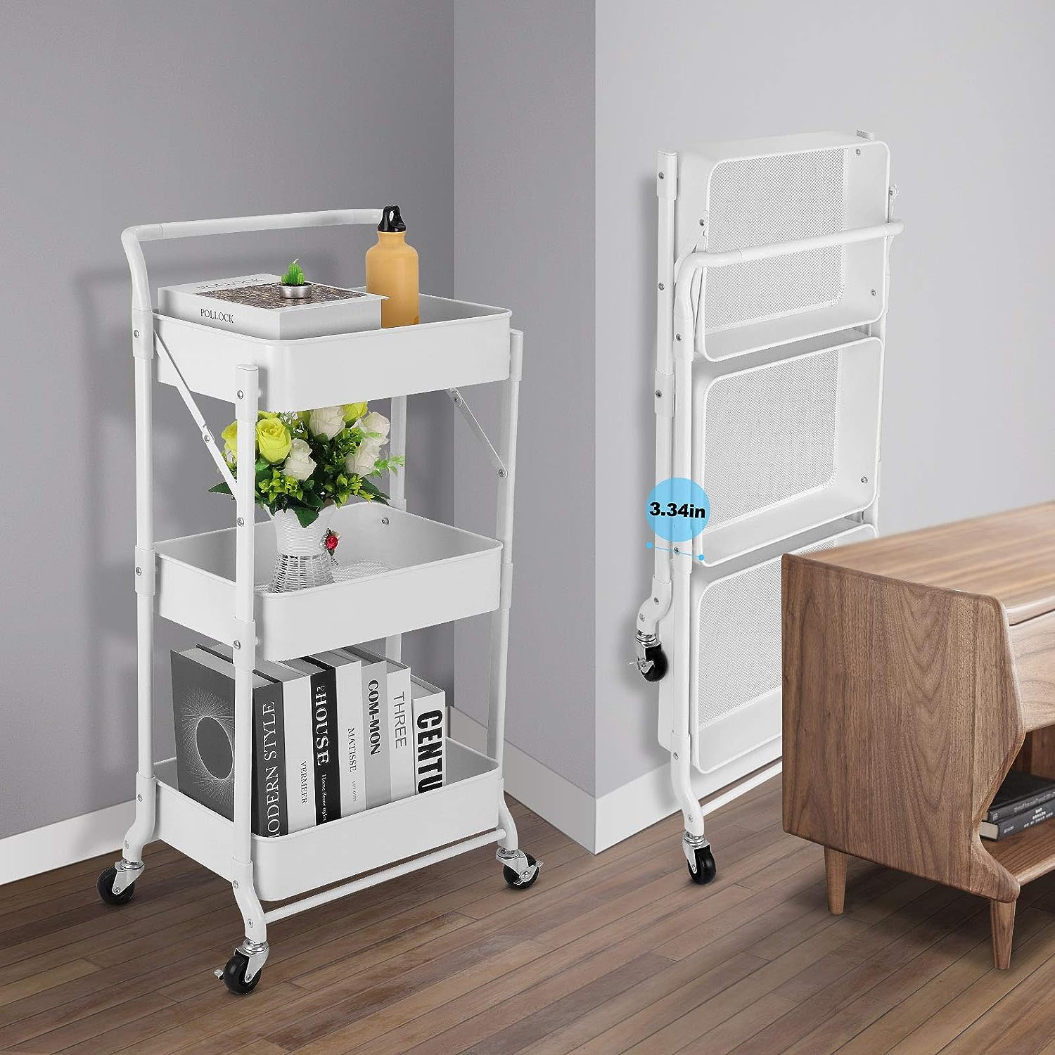 Foldable 3 Tier Metal Utility Rolling Cart. Folding Mobile Multi-Function Storage Trolley Organizer Cart (White)