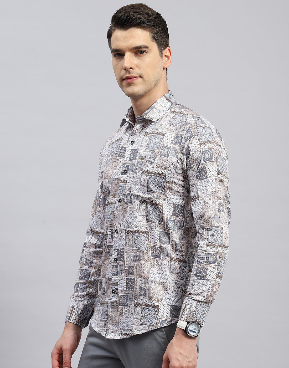 Men Brown Printed Collar Full Sleeve Shirt