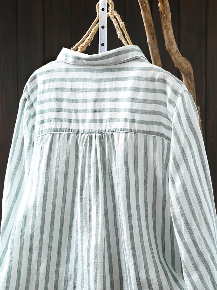 Women Summer Stripe Turn-down Collar 100%Linen Shirt