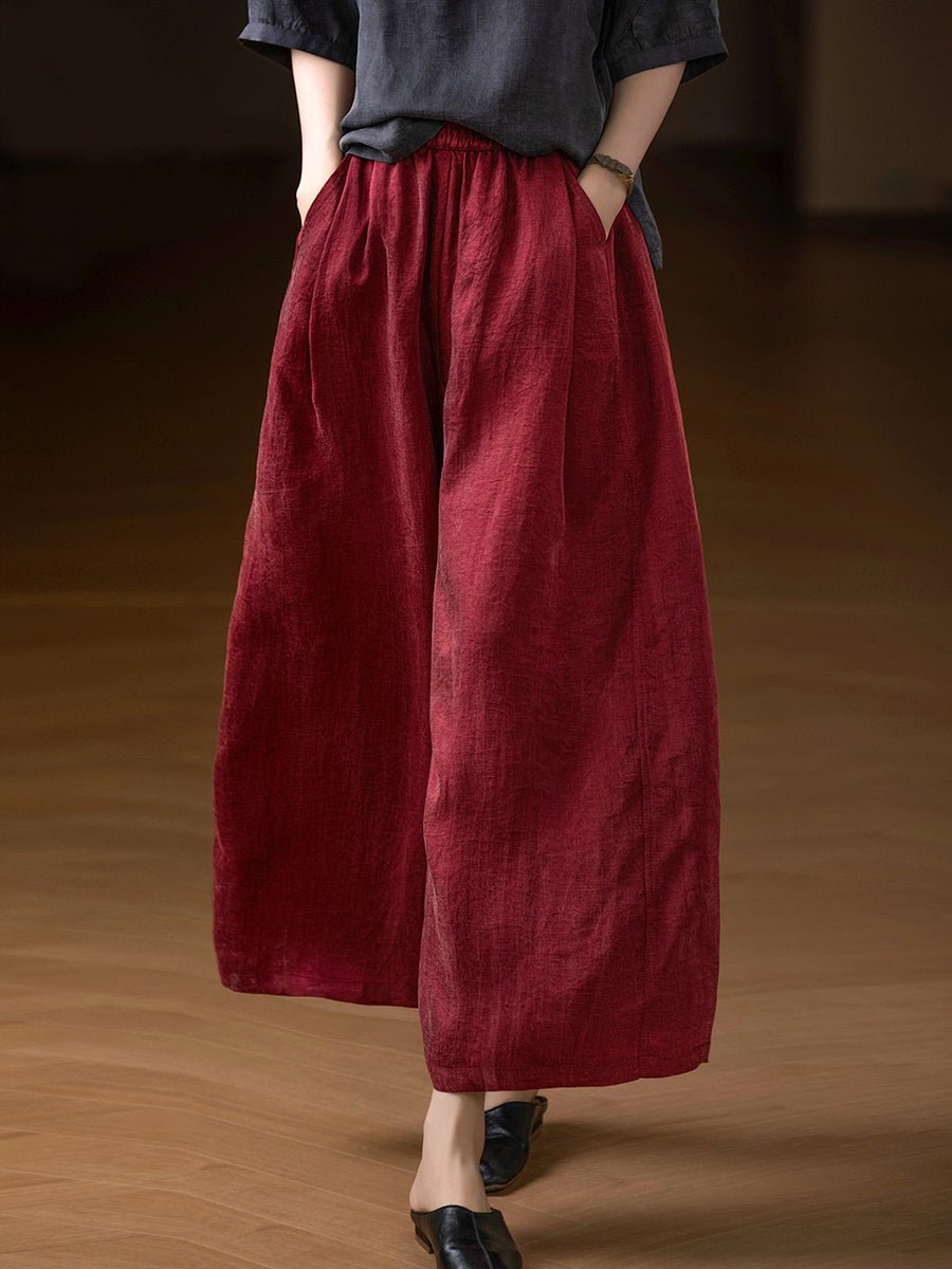 Women Summer Pure Color 100%Linen Wide-leg Cropped Pants