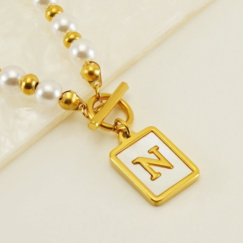 Stainless Steel 18K Gold Plated Elegant French Style Pearl Plating Inlay Letter Shell Pendant Necklace
