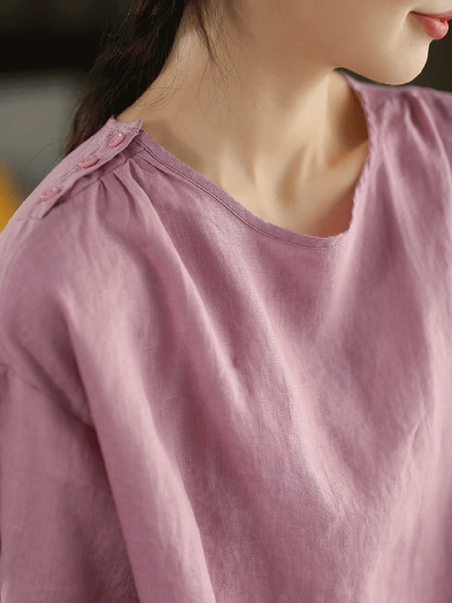 Women Summer Artsy Pure Color O-Neck 100%Linen Shirt