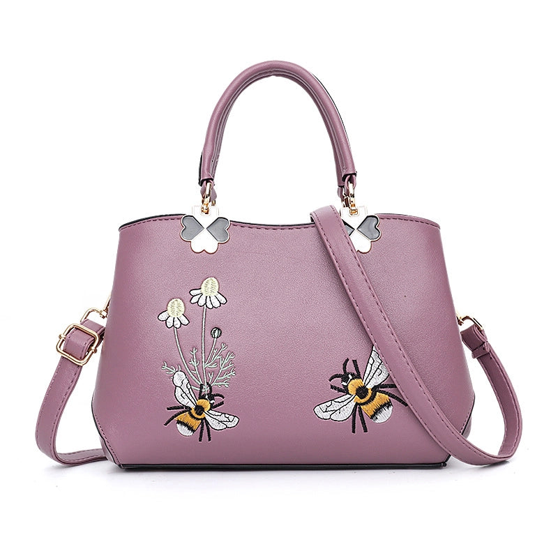Women's Pu Leather Flower Bee Classic Style Sewing Thread Bucket Zipper Handbag Crossbody Bag