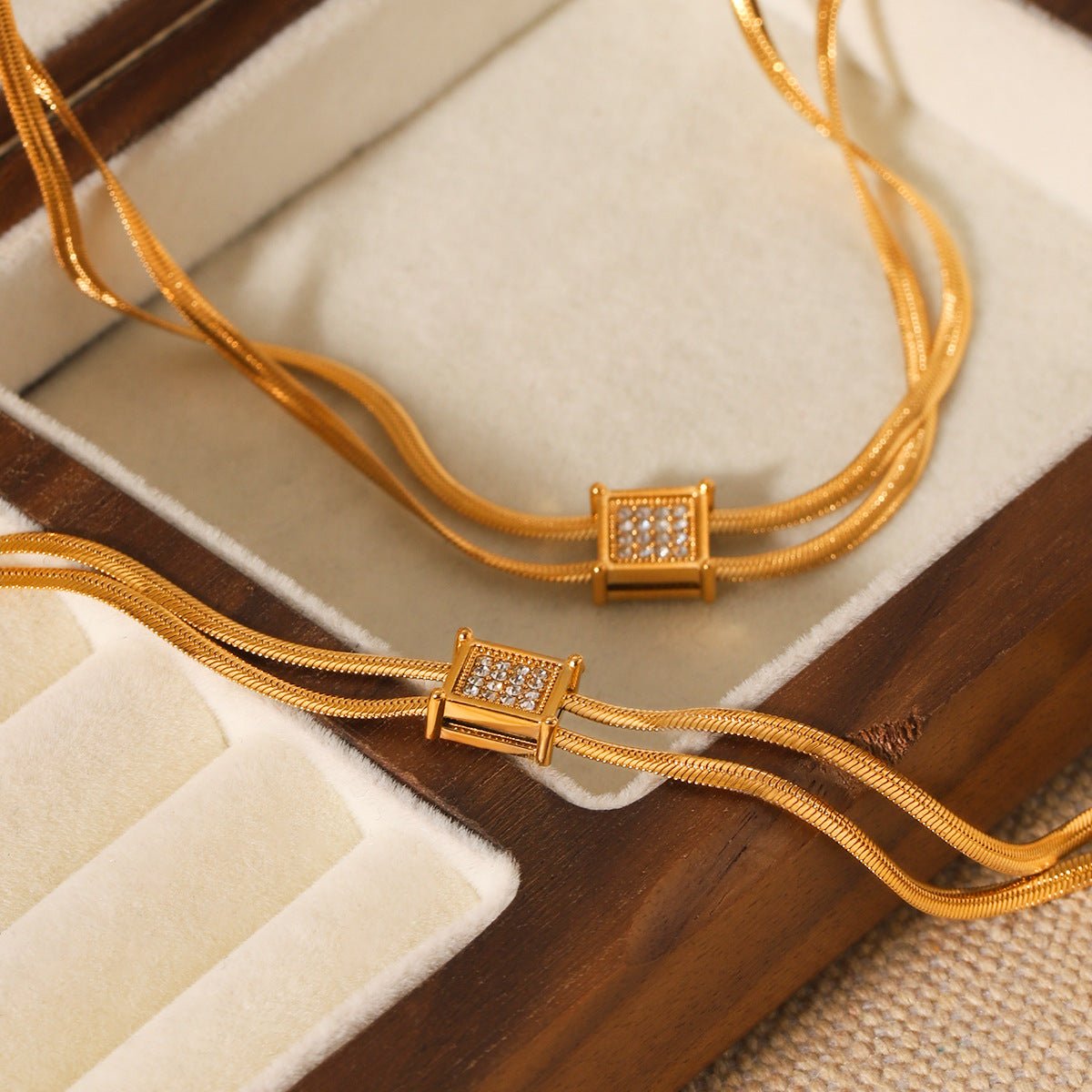 Double Snake Bone Necklace Square Stainless Steel Pendant Diamond Necklace Female Titanium Steel Bracelet