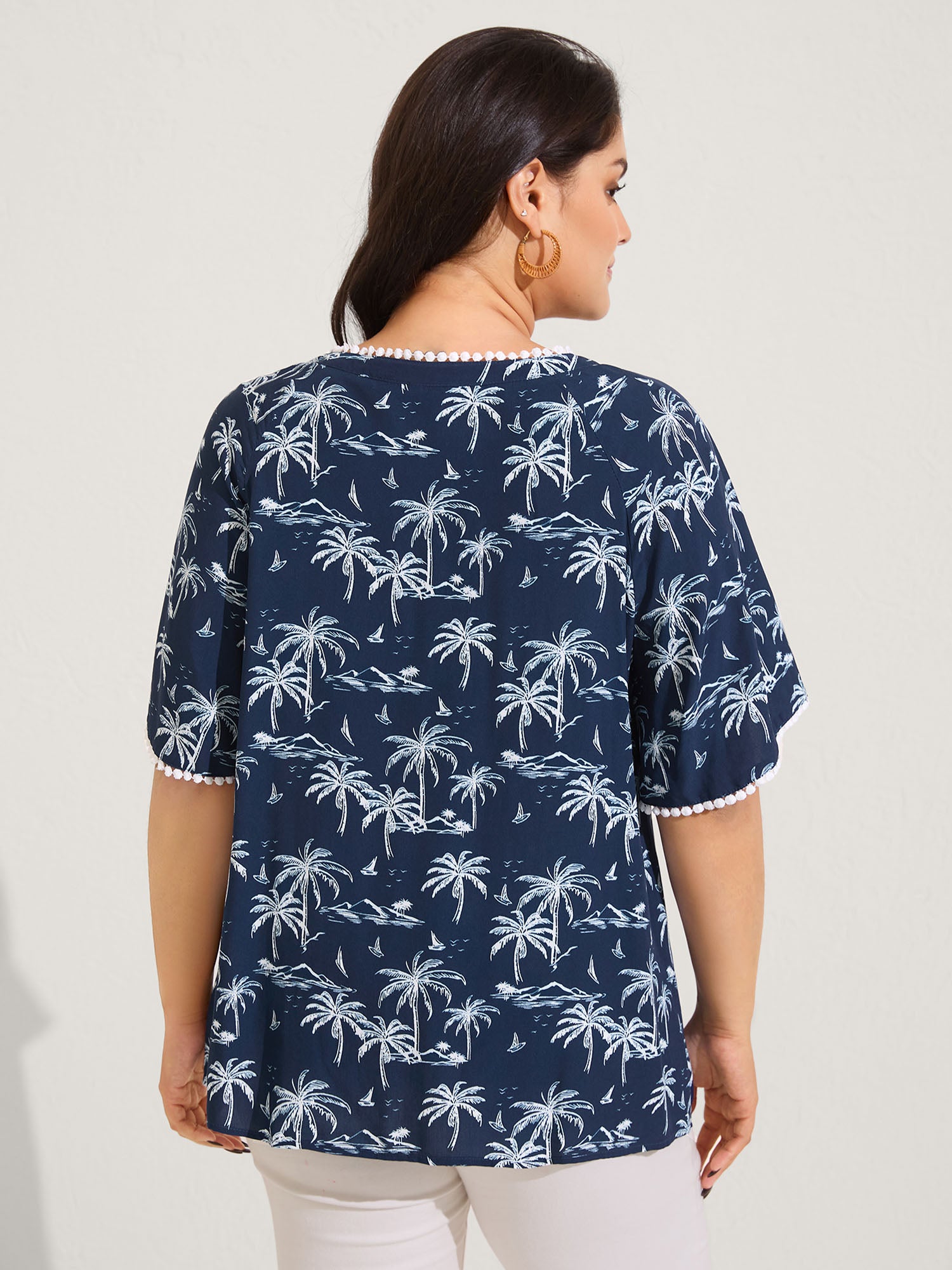 Tropical Print Lace Trim Flowy Blouse