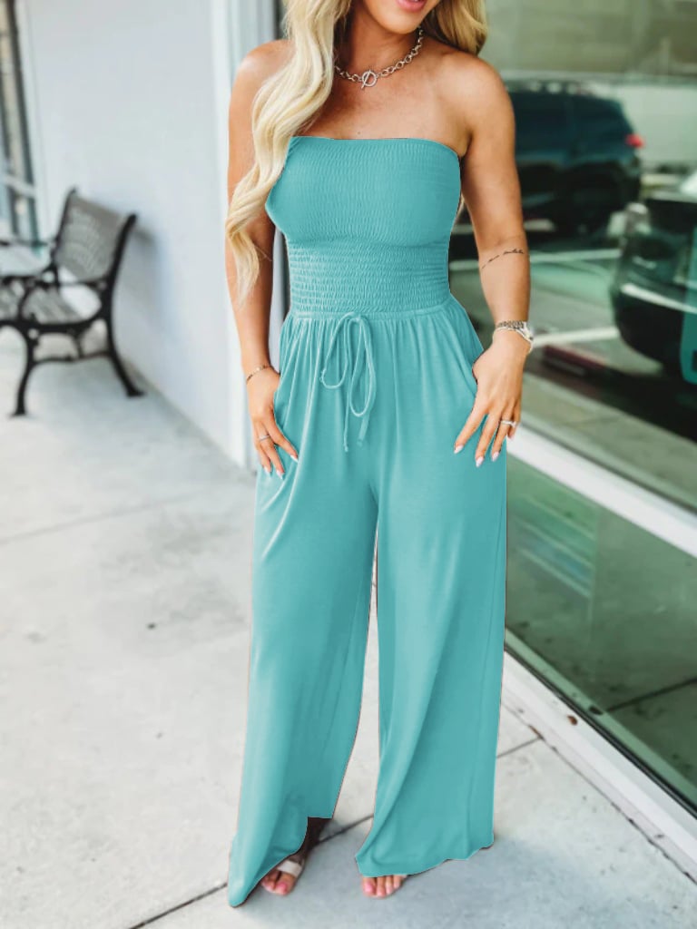 🔥LAST DAY PROMOTION - 49% OFF🔥Off Shoulder Solid Color Smocked Jumpsuit