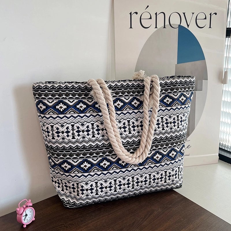 Women's Medium Canvas Geometric Stripe Streetwear Sewing Thread Square Zipper Tote Bag