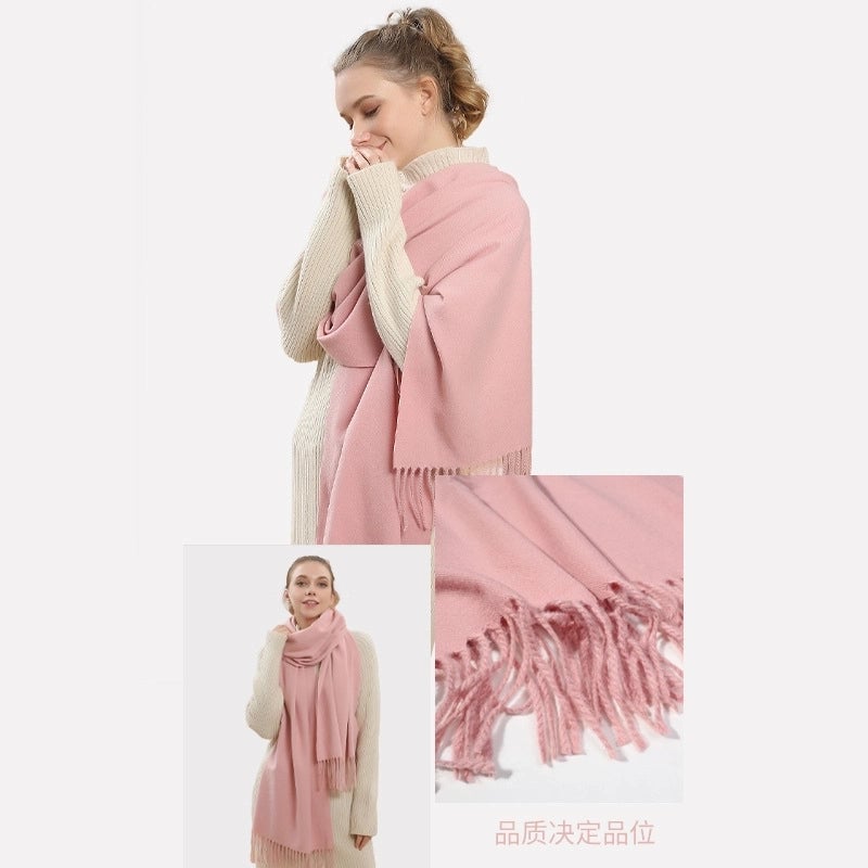 Solid Color Tassel Scarf Women's Winter  Autumn And Winter Thickened Long Imitation Cashmere Warm Shawl Simple Elegant