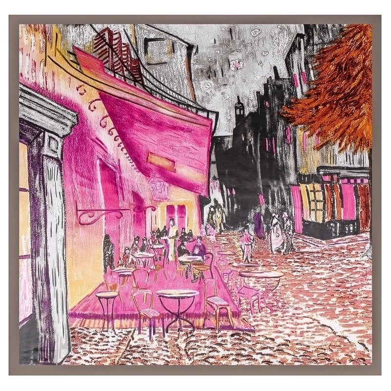 90cm Oil Painting Coffee House Alley Satin Ladies Large Square Scarf