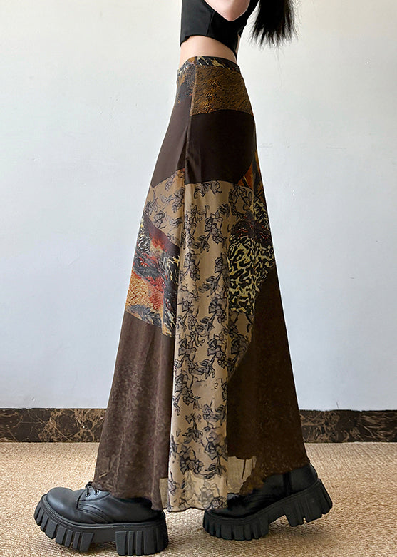Retro Brown Print High Waist Patchwork Tulle Skirt Summer