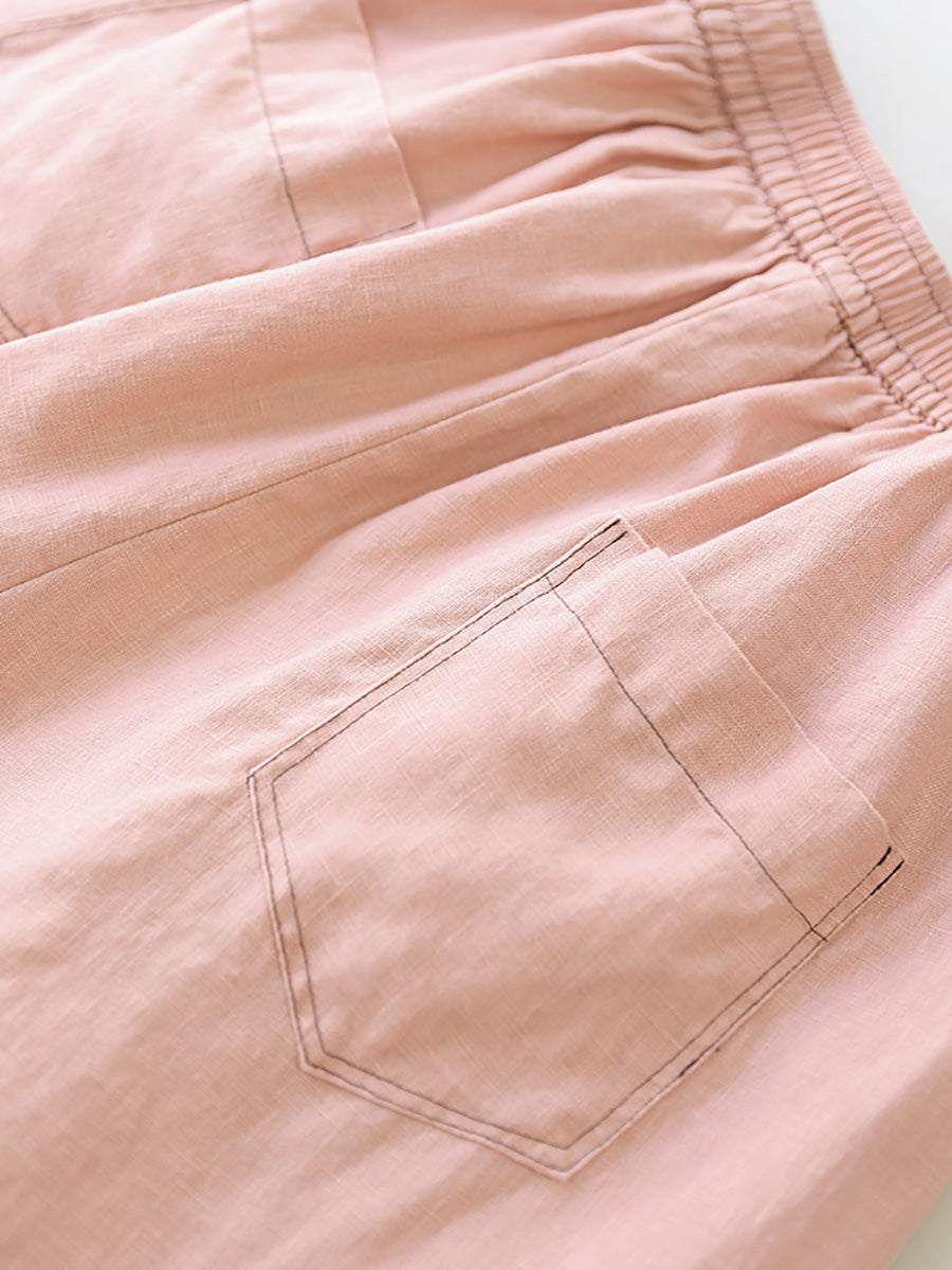 Women Casual Pure Color 100%Linen Wide-leg Cropped Pants