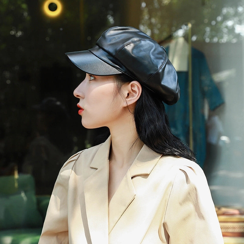 Pu Leather Octagonal Cap Women's Fashionable Autumn And Winter  Retro Cyber Celebrity Newspaper Boy Cap  Bailey Hat