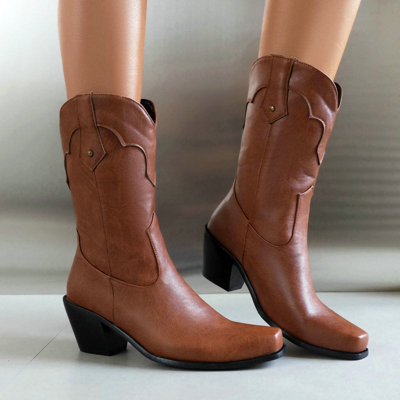 Retro Stitching V Groove Chunky Heels Western Boots