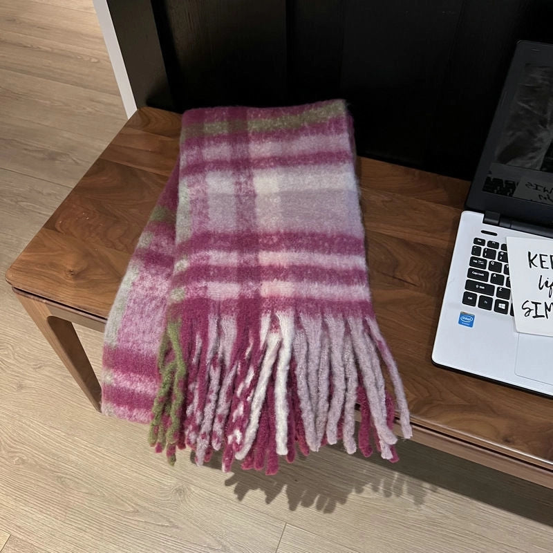 Autumn And Winter Thickened Scarf Women's  Rainbow Plaid Tassel Mohair Shawl Student Versatile Warm Scarf Fashion