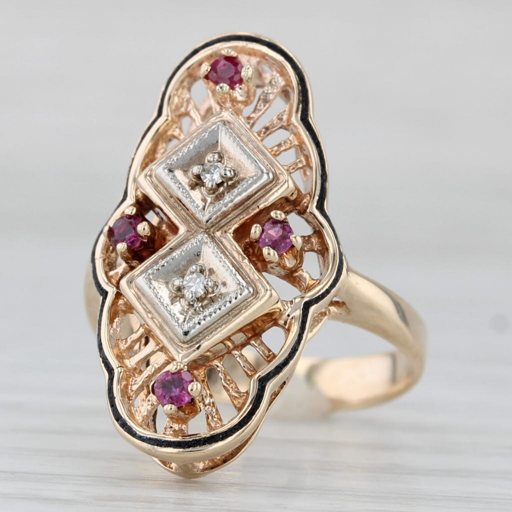 Vintage Diamond Ruby Filigree Ring 10k Yellow White Gold Size 6