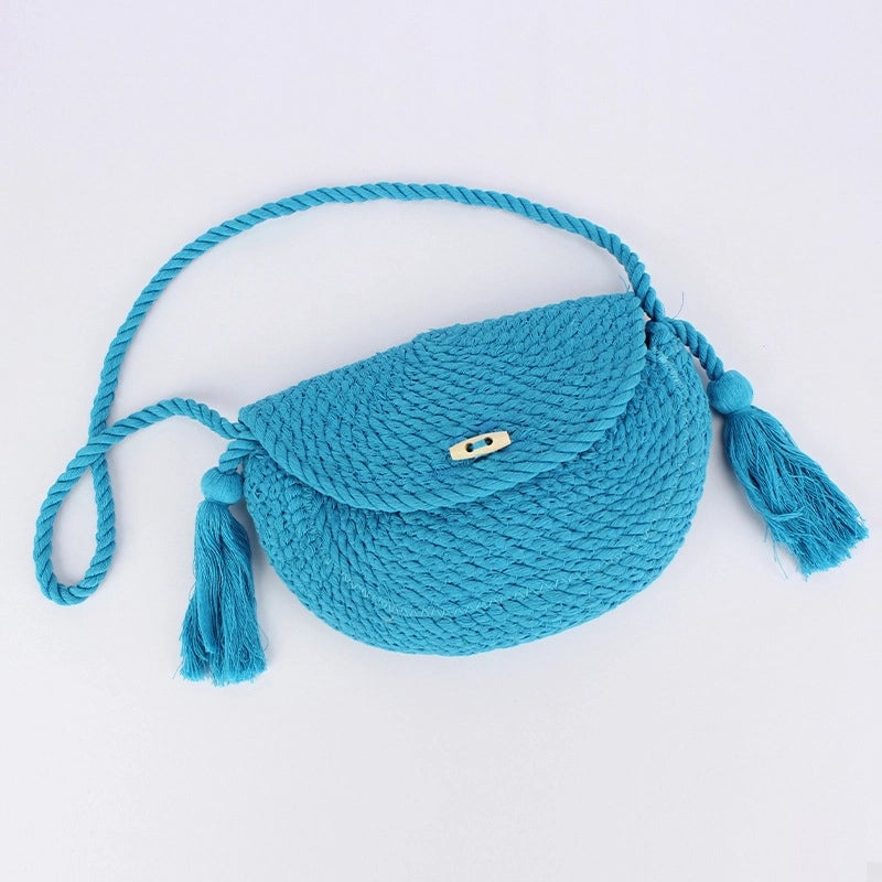Women's Small Cotton Solid Color Basic Classic Style Tassel Weave Dumpling Shape Lock Clasp Crossbody Bag