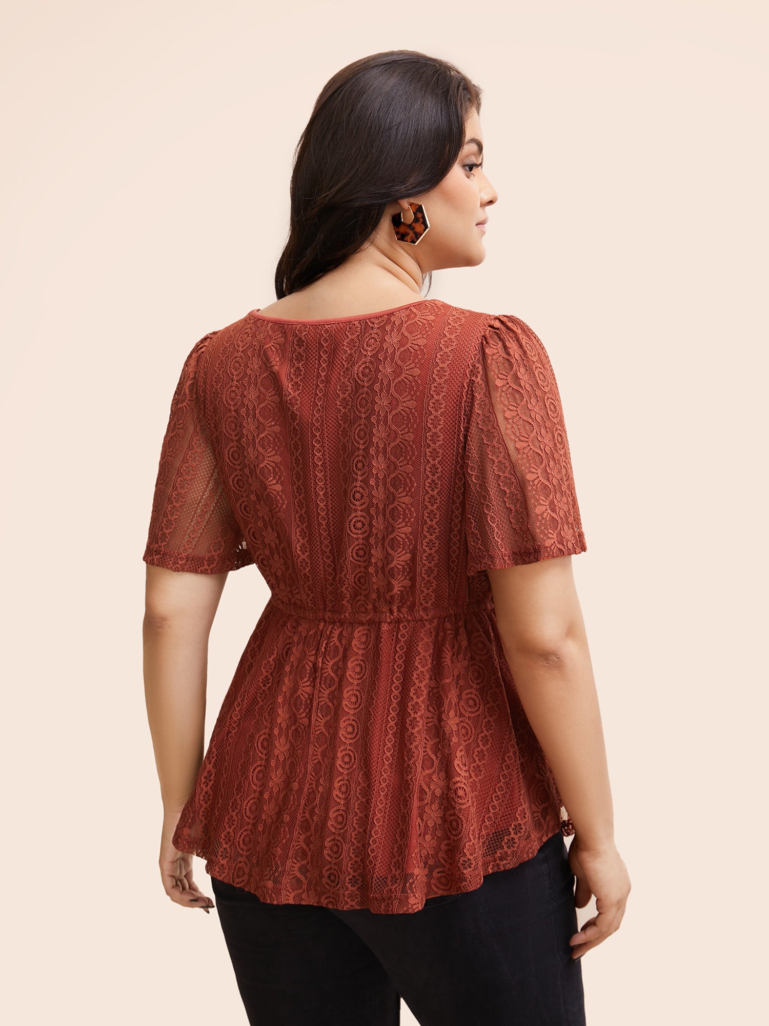 V Neck Lace Panel Drawstring Blouse