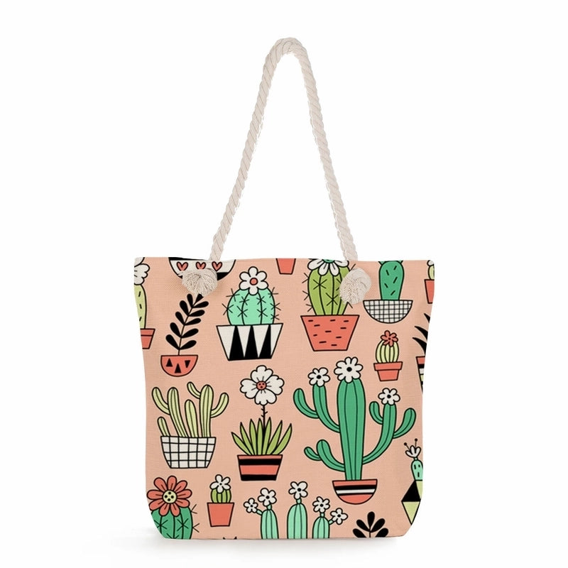 Women's Medium Linen Cactus Vacation Classic Style Square Zipper Tote Bag Beach Bag