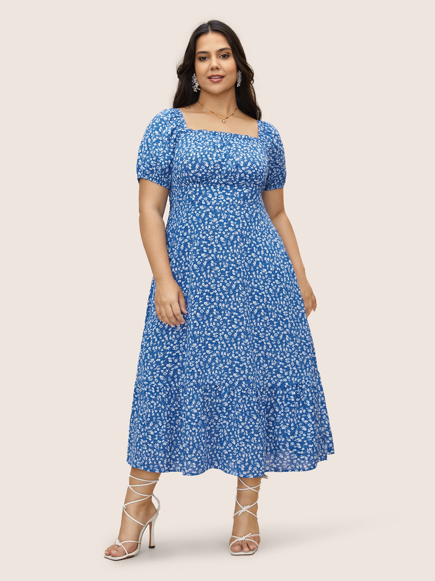 Square Neck Ditsy Floral Raglan Sleeve Dress