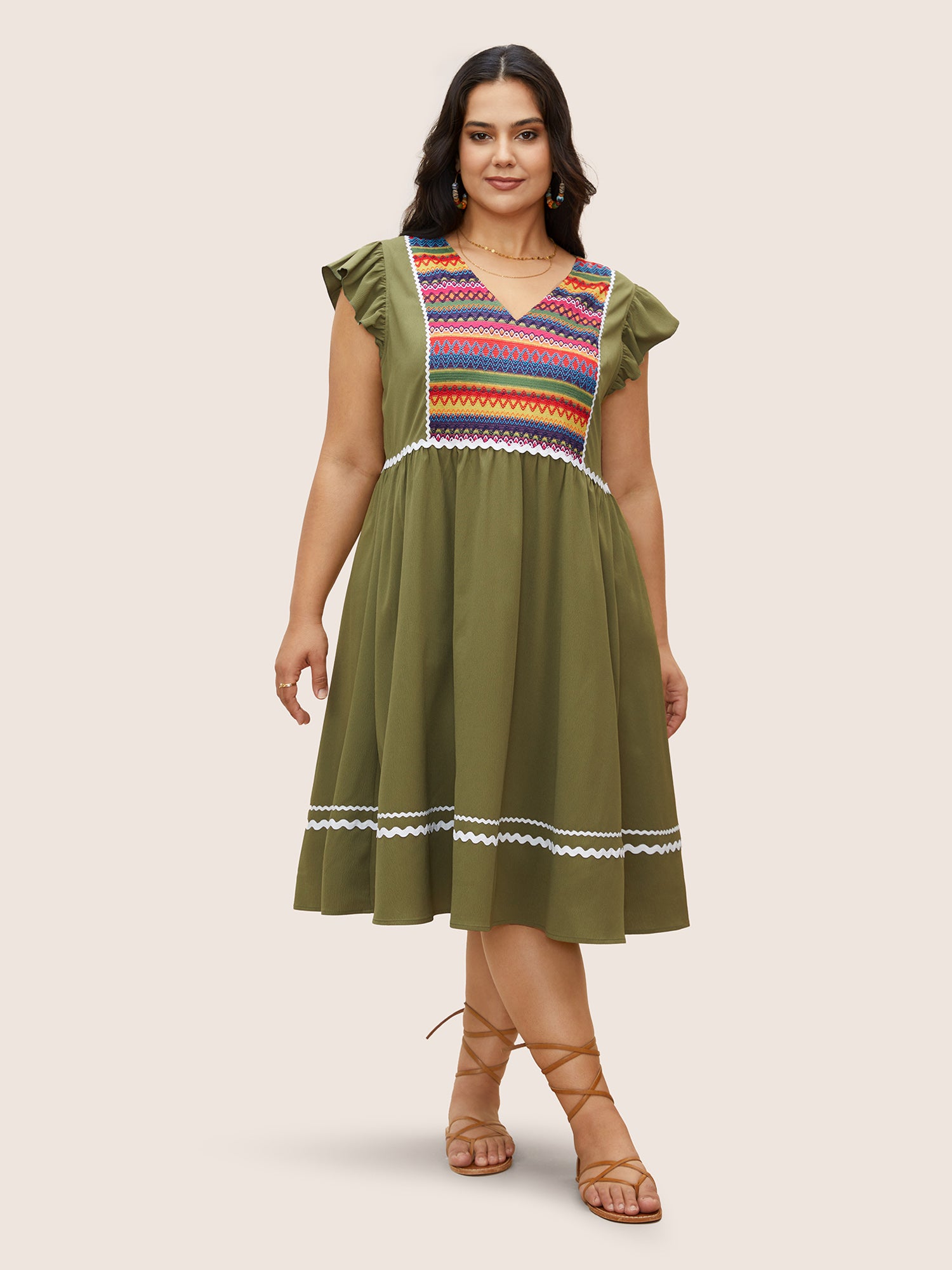 Color Embroidered Patchwork Flounce Sleeve Dress