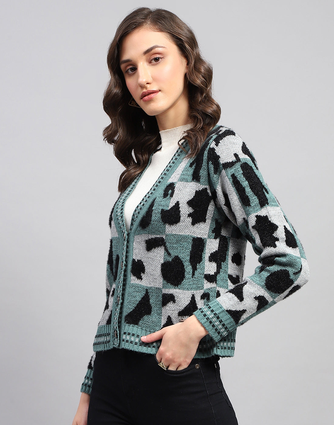 Women Multicolor Self Design V Neck Full Sleeve Cardigan