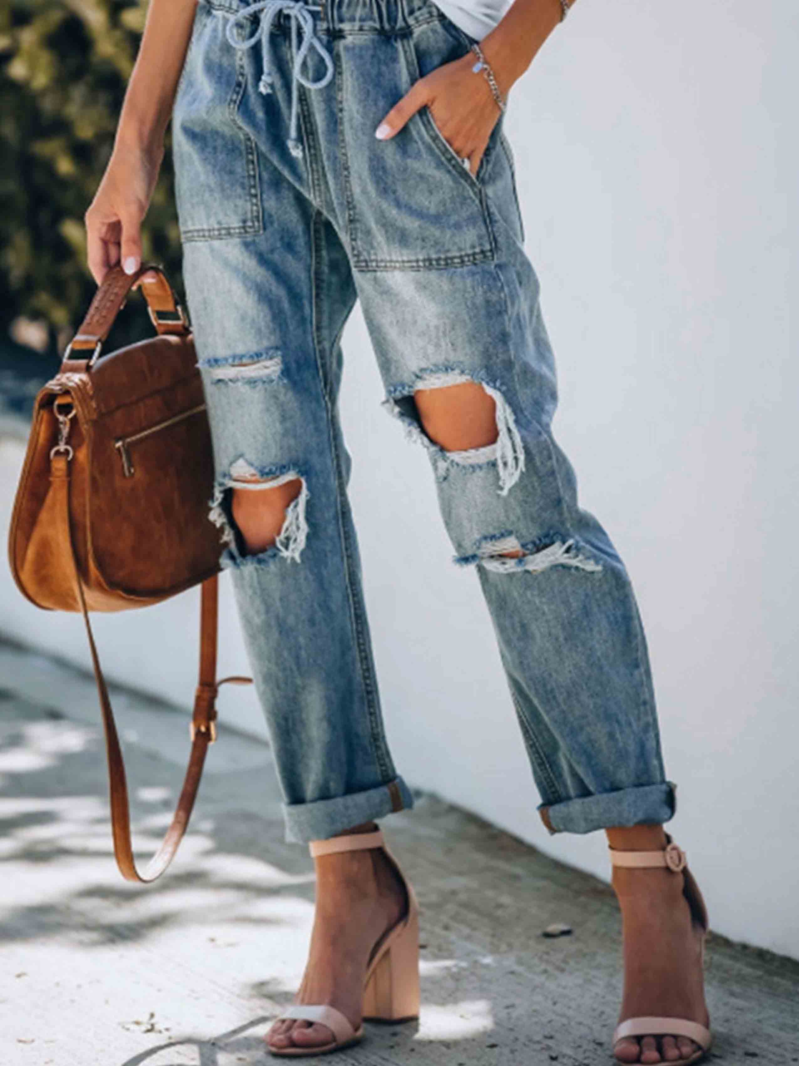 ripped Lace-Up Jeans