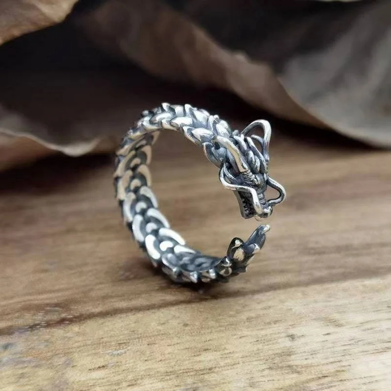 Rinhoo 3d Unique Design Vintage Men's Alloy Ring Dragon Gothic Finger Rings Adjustable Jewelry  Open Animals Ring