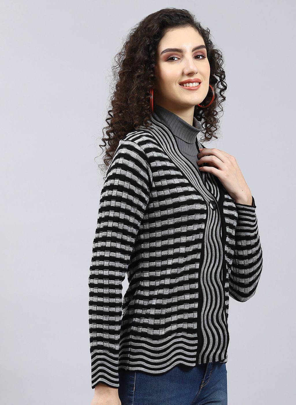 Women Black Stripe Wool blend Cardigan