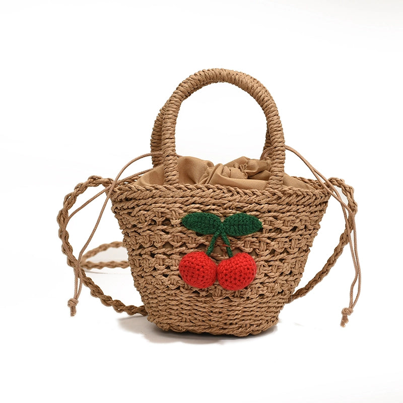 Women's Medium Straw Solid Color Flower Vacation Beach Weave Bucket String Straw Bag