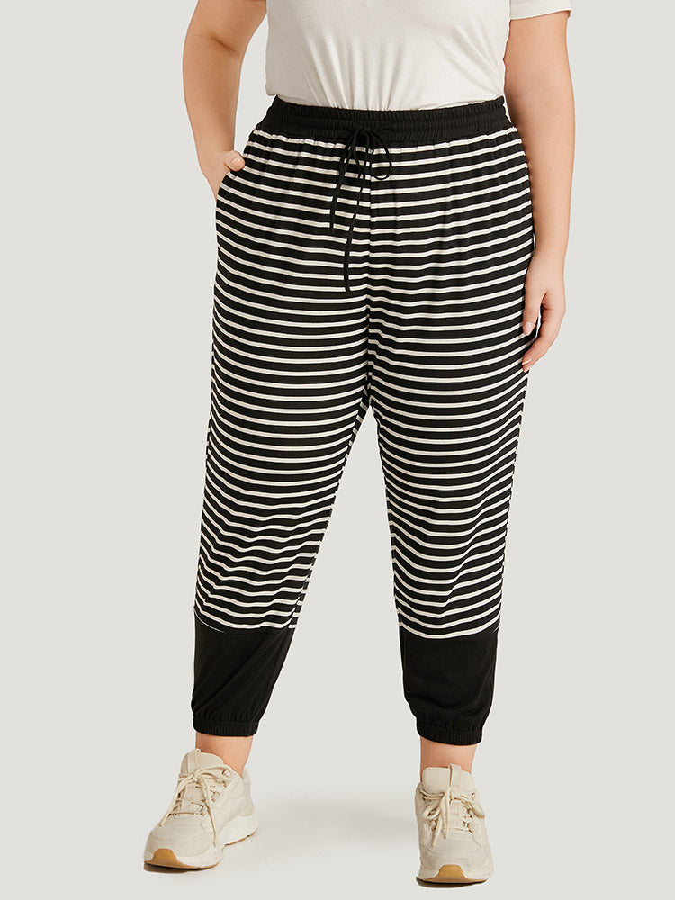 Striped Patchwork Elastic Waist Pocket Ties Sweatpants