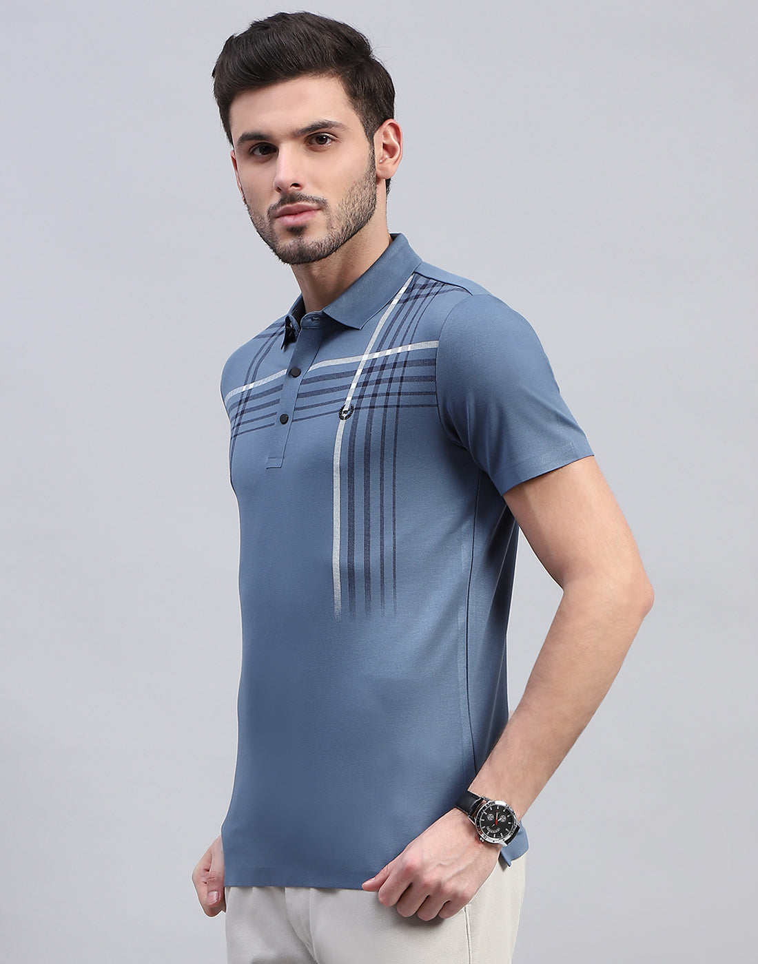 Men Blue Printed Polo Collar Half Sleeve T-Shirt