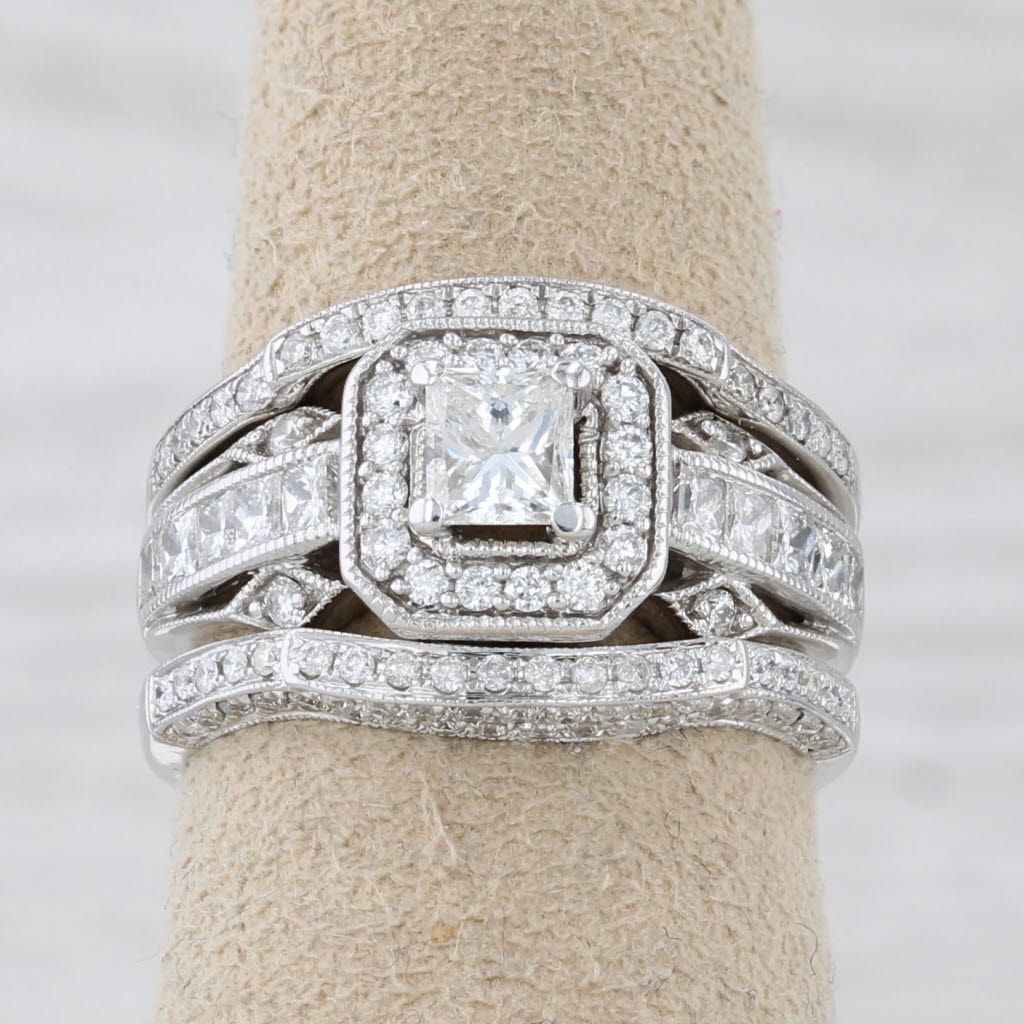 1.45ctw Diamond Halo Engagement Ring Wedding Band Bridal Set 14k White Gold
