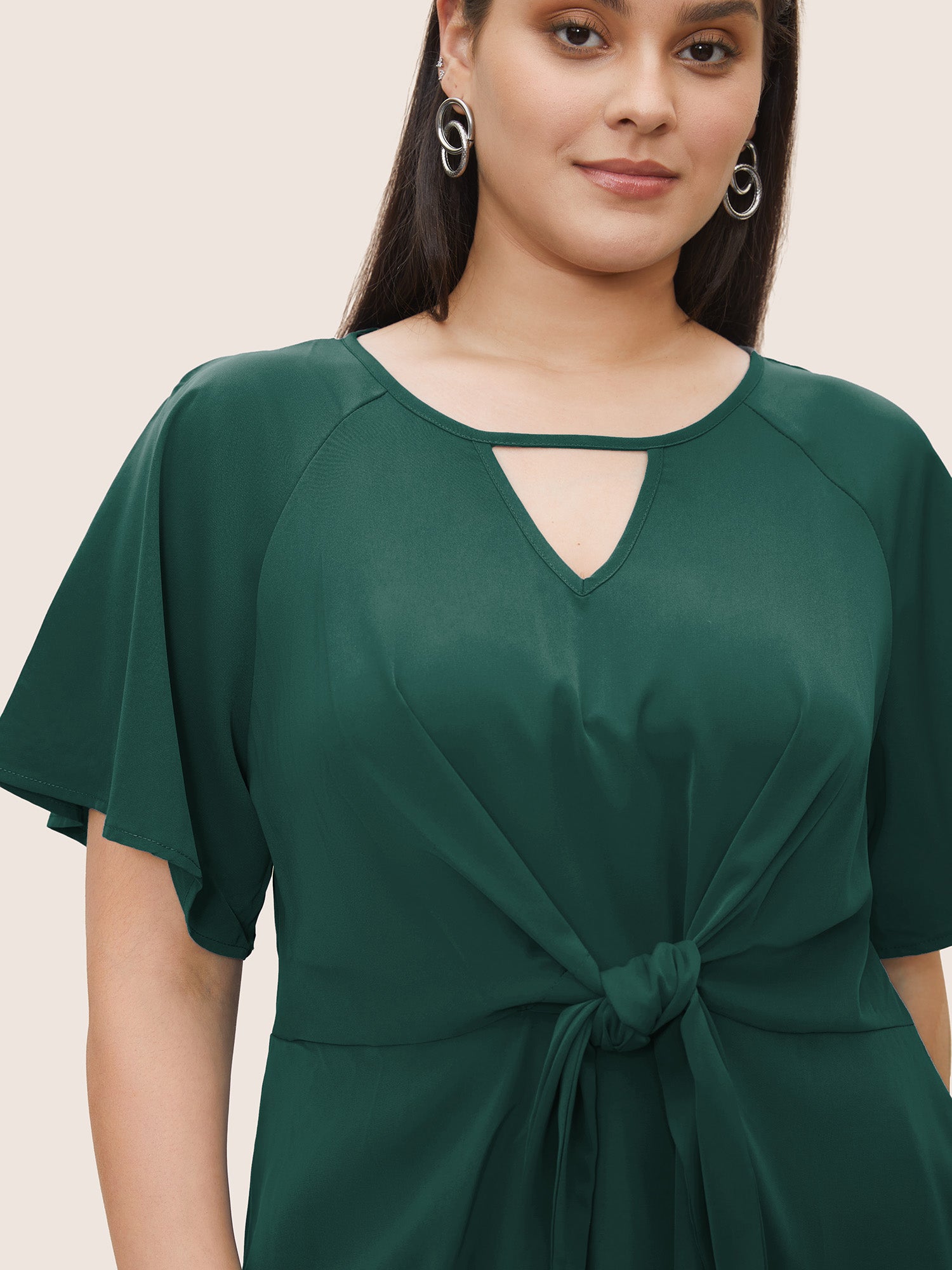 Plain Keyhole Knotted Front Ruffle Sleeve Blouse