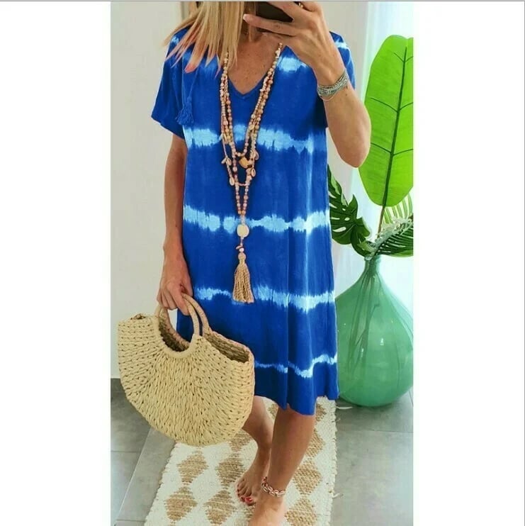 🔥OFERTA RELÁMPAGO - 49% OFF🔥🔥Vestido Estilo Camiseta Holgado De Manga Corta A Rayas Con Efecto Tie-Dye