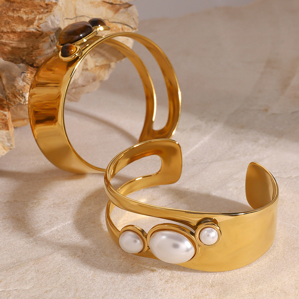 Stainless Steel Hollow Pearl Bracelet High Version Natural Stone Open Bracelet Titanium Steel Bracelet