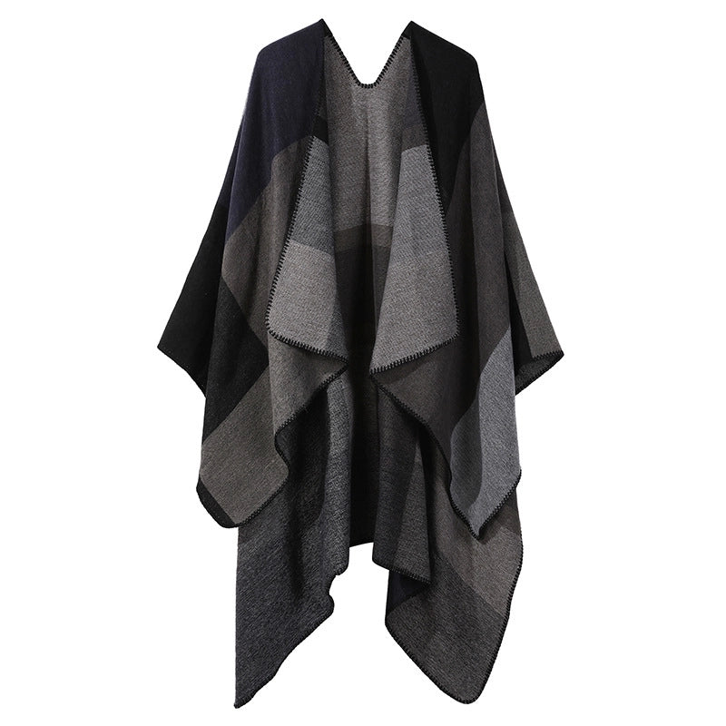 Winter Cashmere Double-sided Plaid Shawl Women's Outer Cape Increased Thickness Warm Knitted Scarf Spot