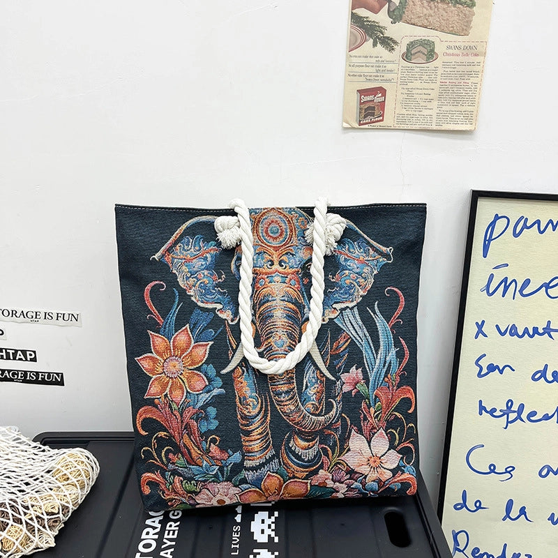 Women's Medium Canvas Elephant Ethnic Style Classic Style Square Zipper Tote Bag