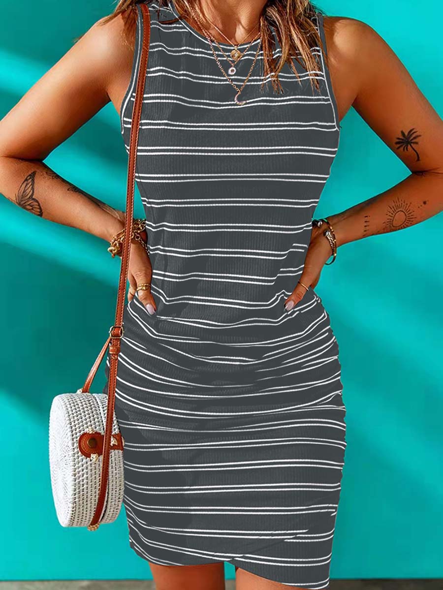 Striped Round Neck Dress(8 Colors)