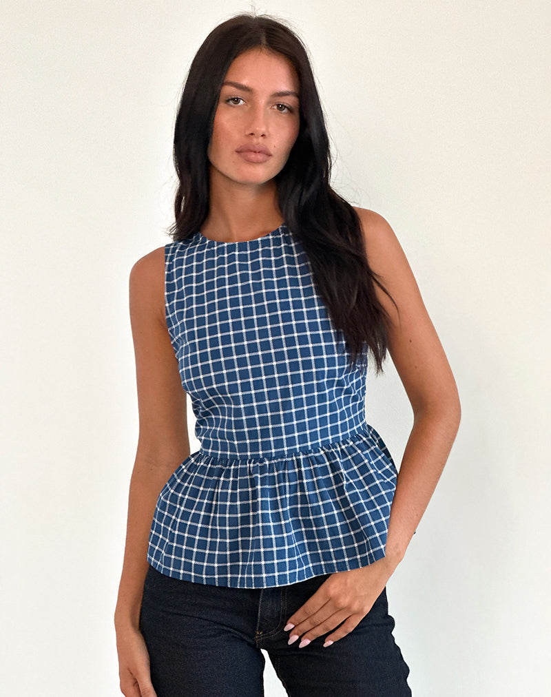 Lanzo Tie Back Top in Poplin Navy Tartan