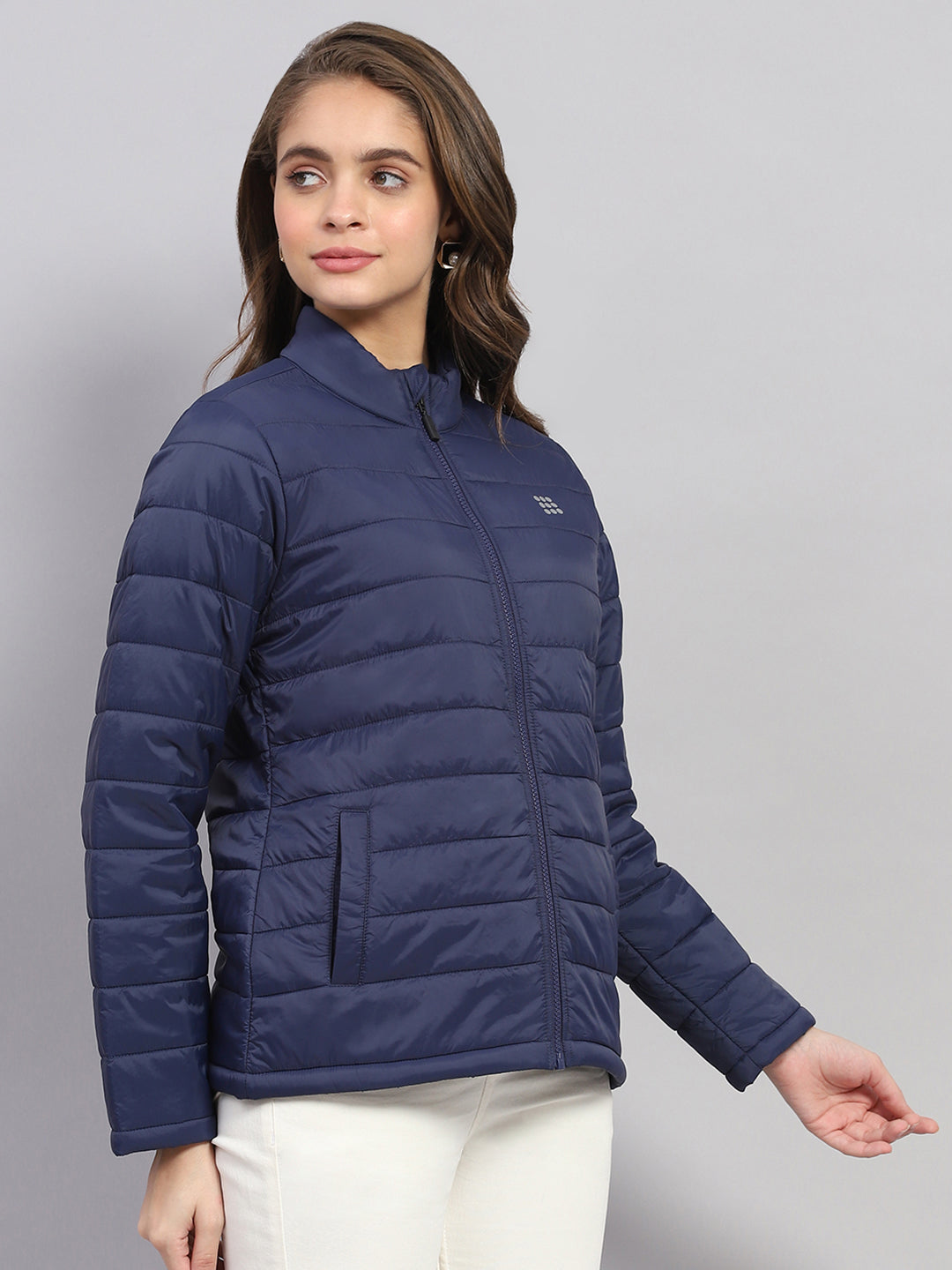 Women Navy Blue Solid Mock Neck Full Sleeve Jacket