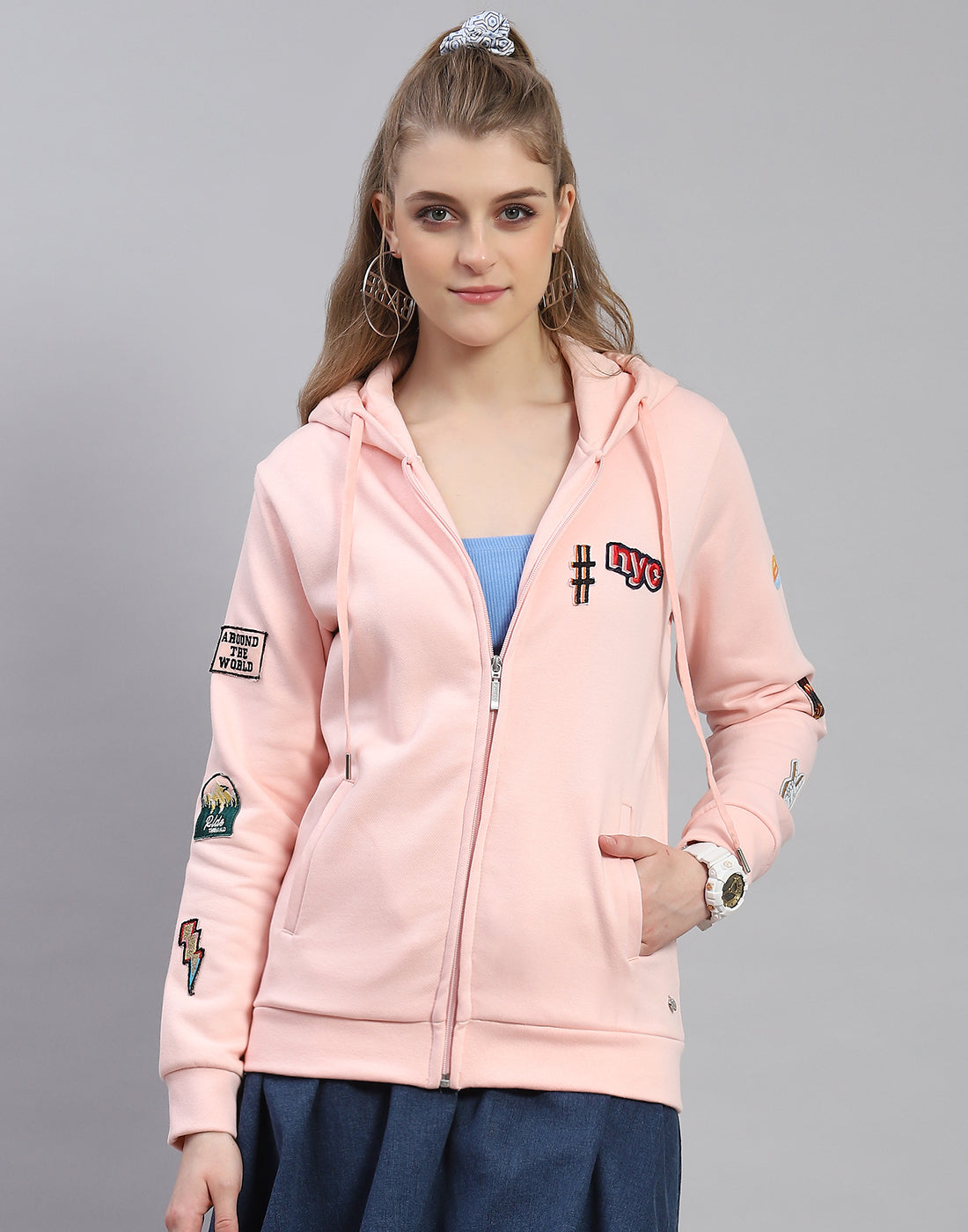 Women Pink Embroidered Hooded Full Sleeve Sweatshirt