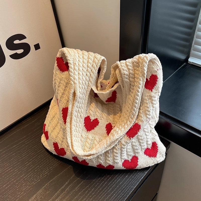 Women's Medium Knit Heart Shape Basic Classic Style Bucket Open Shoulder Bag