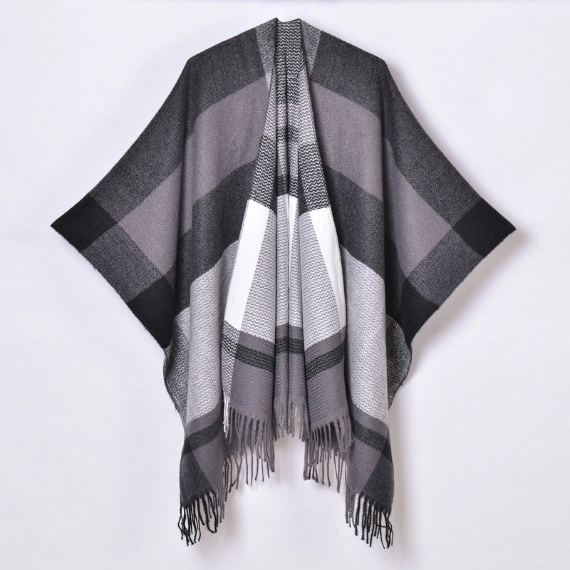 New Tassel Split Shawl Autumn And Winter Women's Simple Plaid Jacquard Scarf Cloak Hot Selling