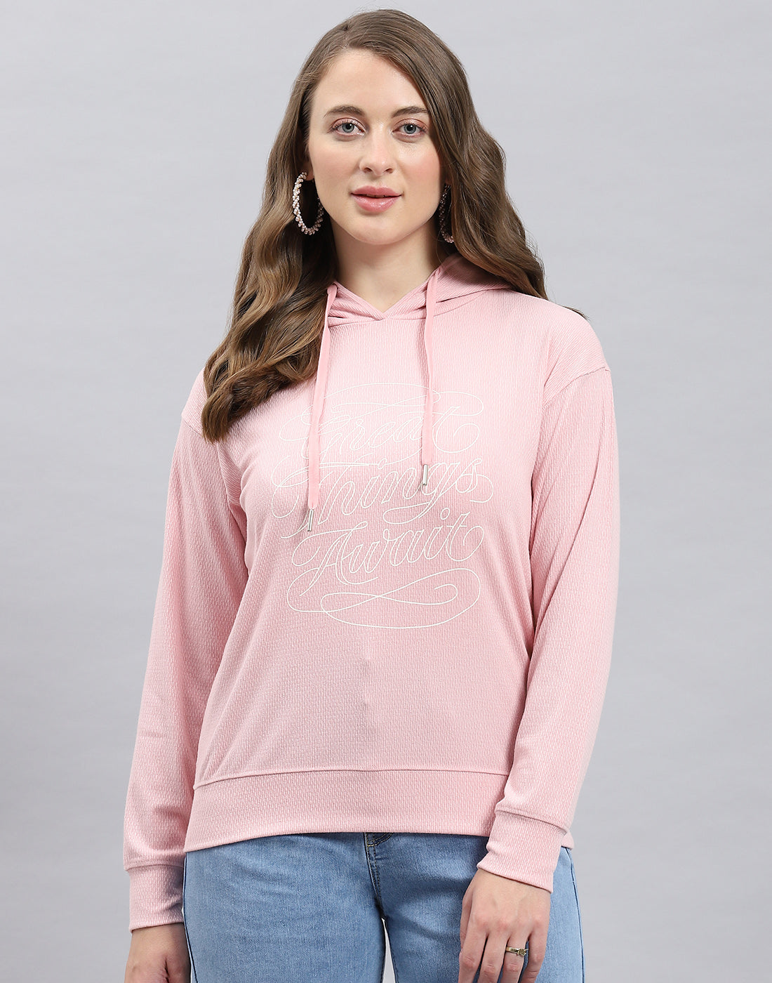 Women Pink Printed Hooded Full Sleeve Winter Top