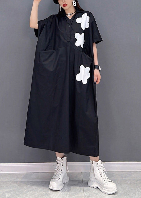 Black Floral Patchwork Pockets Button Cotton Dress Short Sleeve Summer