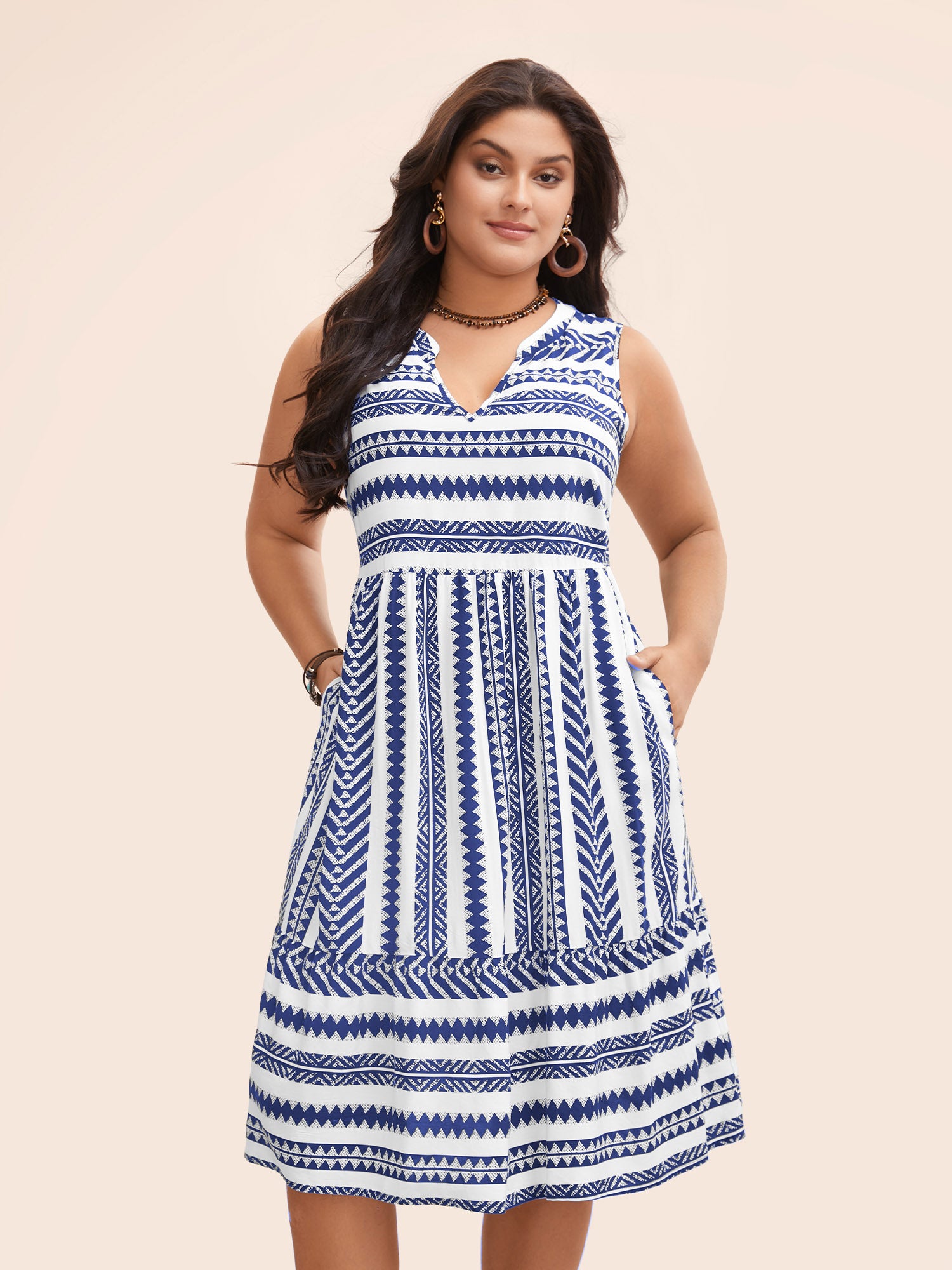 Striped Geometric Pocket Ruffle Hem Sleeveless Tank Dress