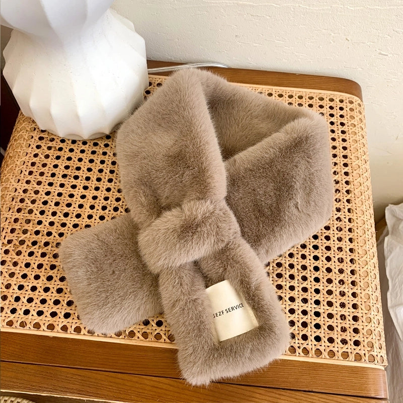 White Logo Plush Collar Scarf For Women Autumn And Winter  Warm Fashion All-match Cross Scarf