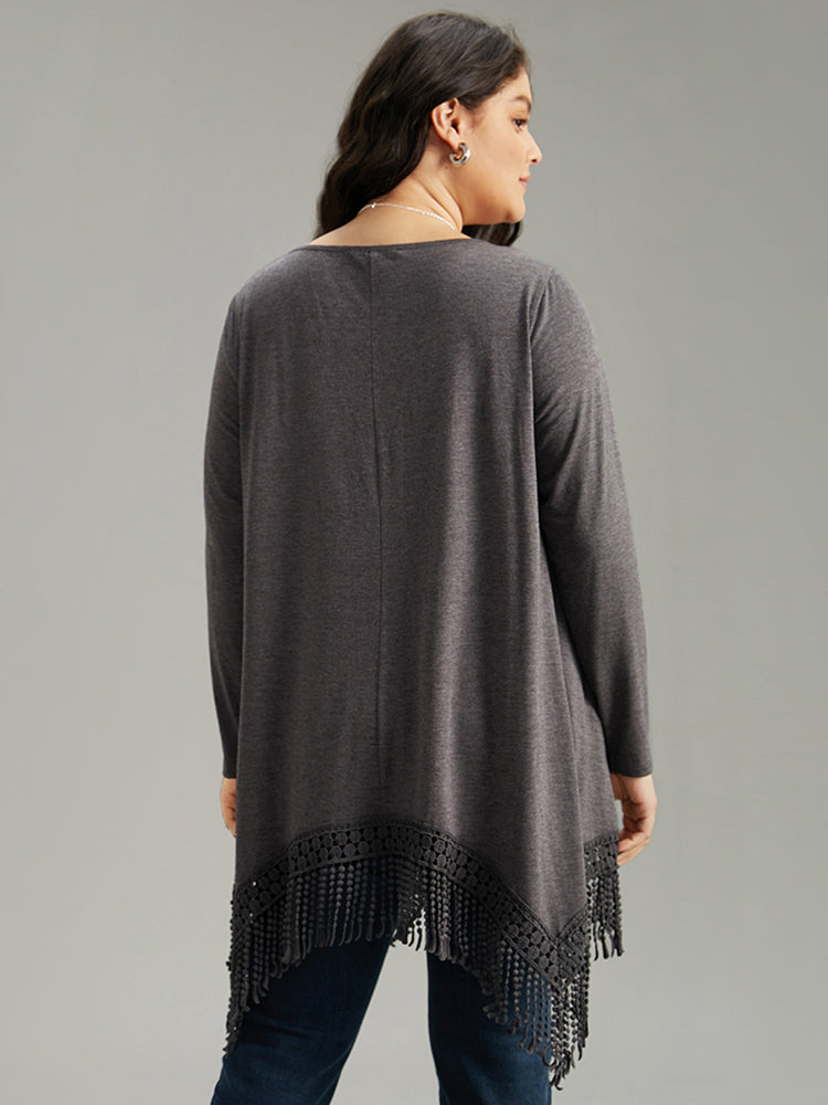 Solid Tassels Trim Pocket Asymmetrical Hem T-shirt